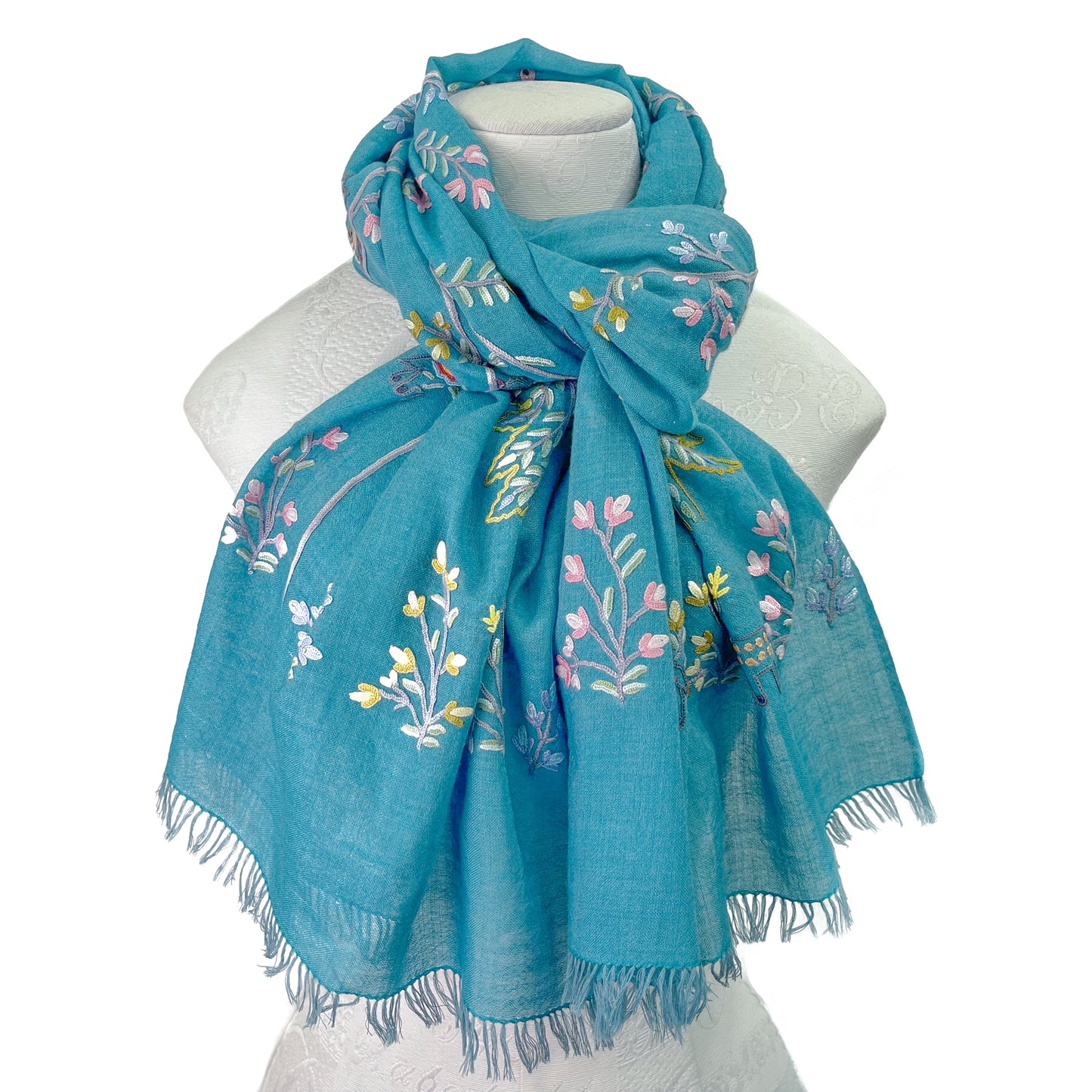 Tree of Life 薄手ウール&シルク アリー手刺繍ストール (ターコイズ)