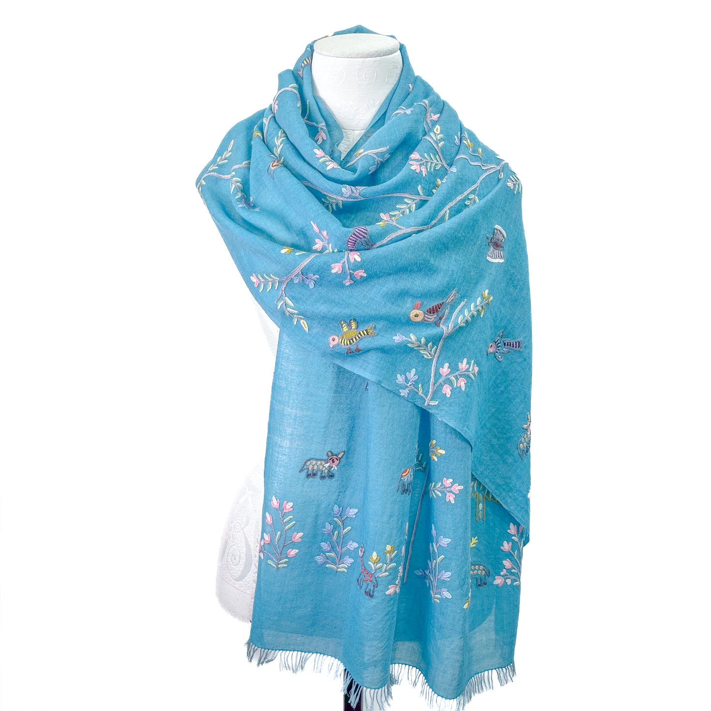 Tree of Life 薄手ウール&シルク アリー手刺繍ストール (ターコイズ)