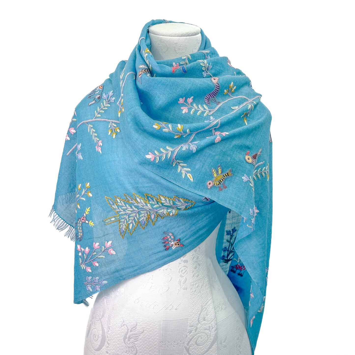 Tree of Life 薄手ウール&シルク アリー手刺繍ストール (ターコイズ)