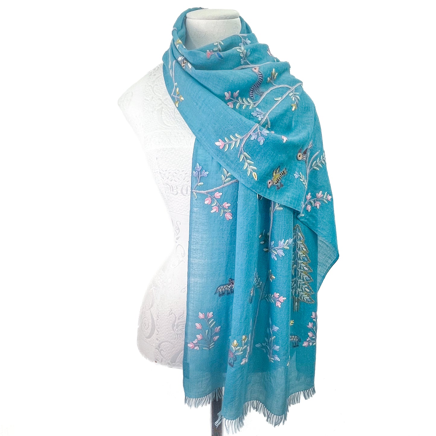 Tree of Life 薄手ウール&シルク アリー手刺繍ストール (ターコイズ)