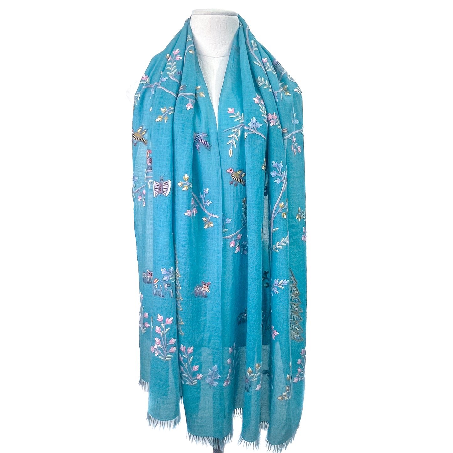 Tree of Life 薄手ウール&シルク アリー手刺繍ストール (ターコイズ)