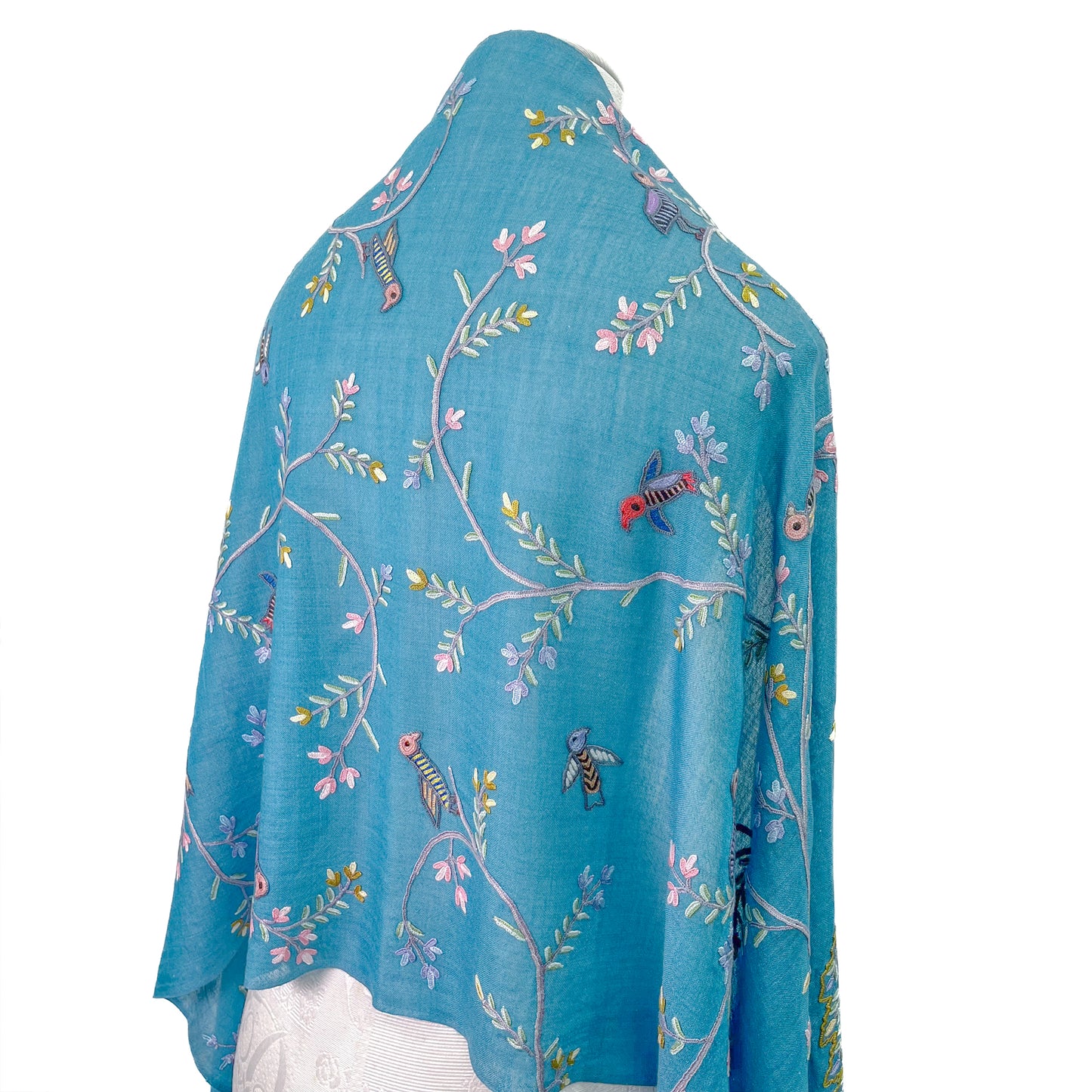 Tree of Life 薄手ウール&シルク アリー手刺繍ストール (ターコイズ)