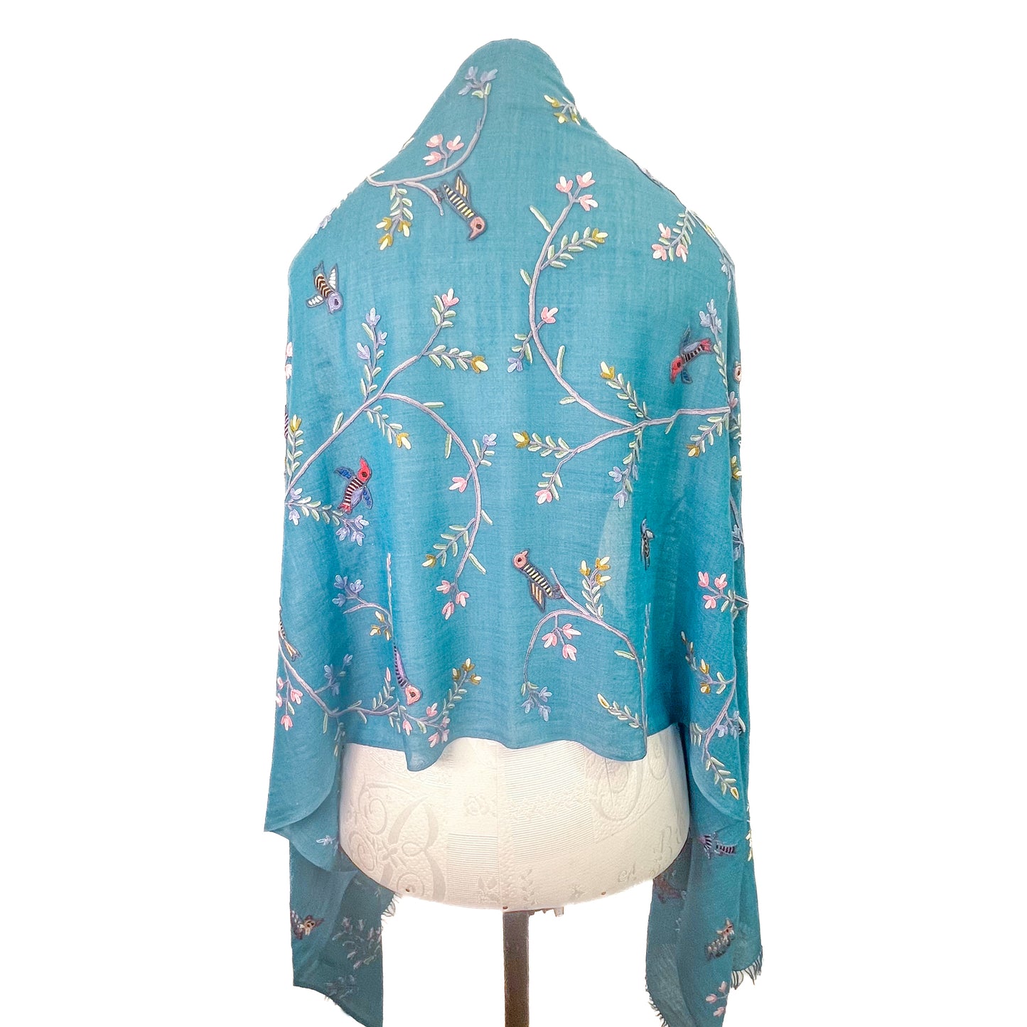 Tree of Life 薄手ウール&シルク アリー手刺繍ストール (ターコイズ)