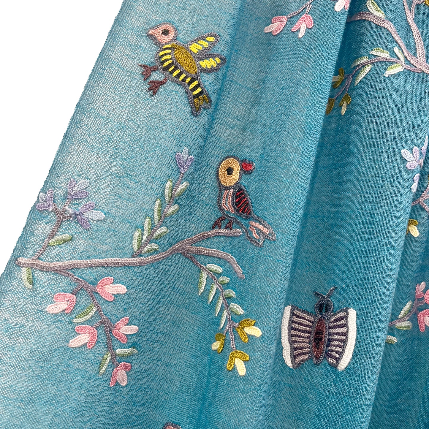 Tree of Life 薄手ウール&シルク アリー手刺繍ストール (ターコイズ)