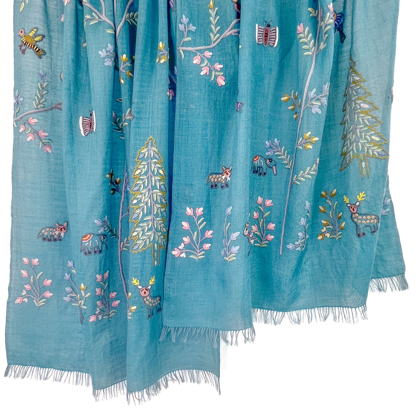 Tree of Life 薄手ウール&シルク アリー手刺繍ストール (ターコイズ)