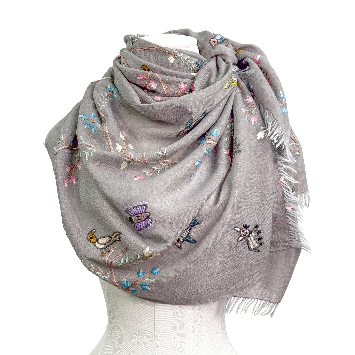 Tree of Life Lightweight Wool & Silk Allie Hand Embroidered Stole (Turquoise)