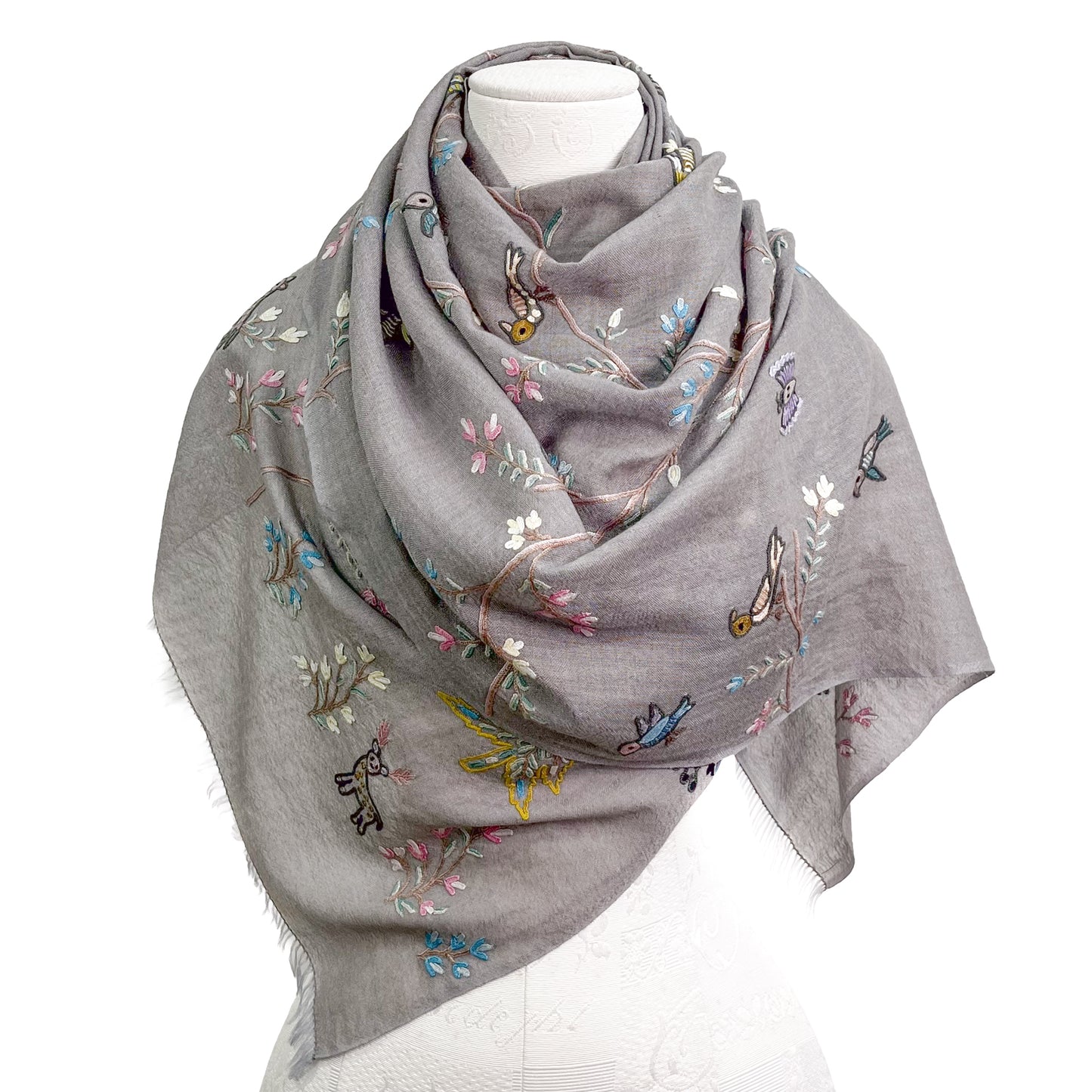 Tree of Life Lightweight Wool & Silk Allie Hand Embroidered Stole (Turquoise)