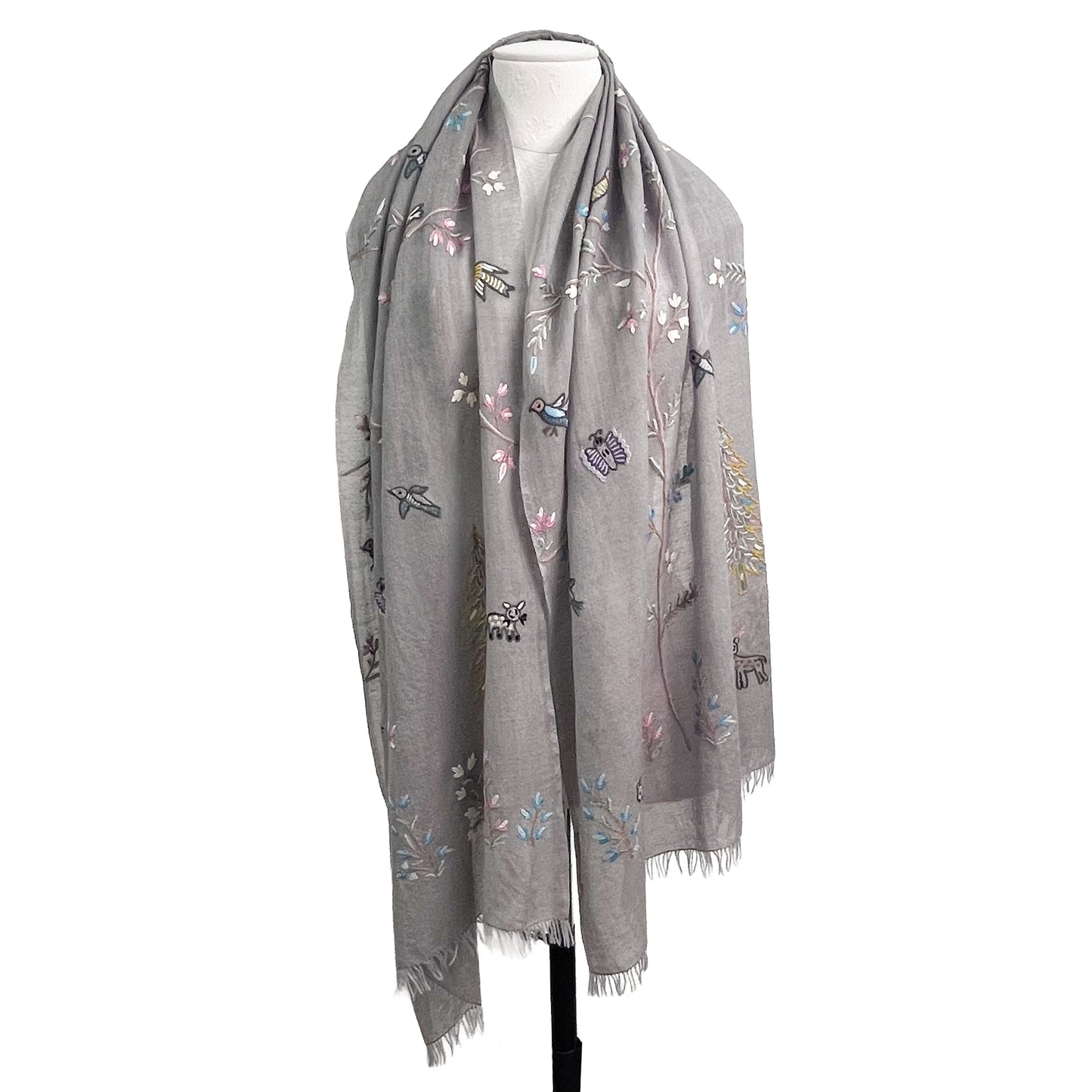 Tree of Life Lightweight Wool & Silk Allie Hand Embroidered Stole (Turquoise)