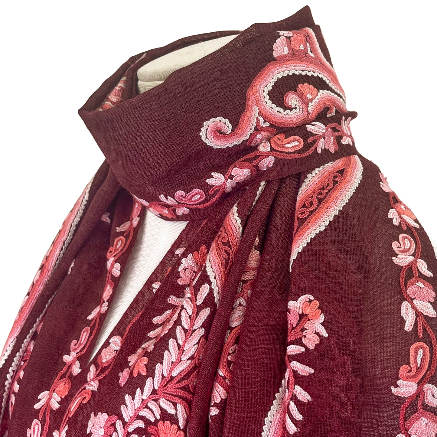 【期間限定スペシャル価格】薄手ウール&シルク アリー手刺繍ストール (ボルドー)