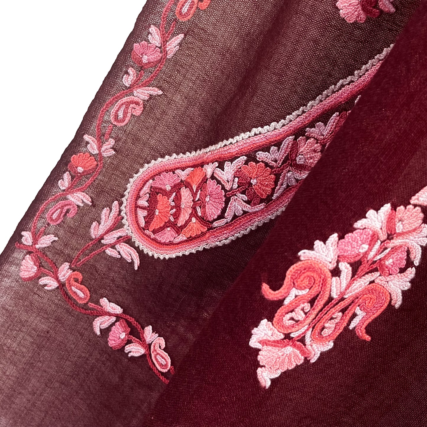 【期間限定スペシャル価格】薄手ウール&シルク アリー手刺繍ストール (ボルドー)