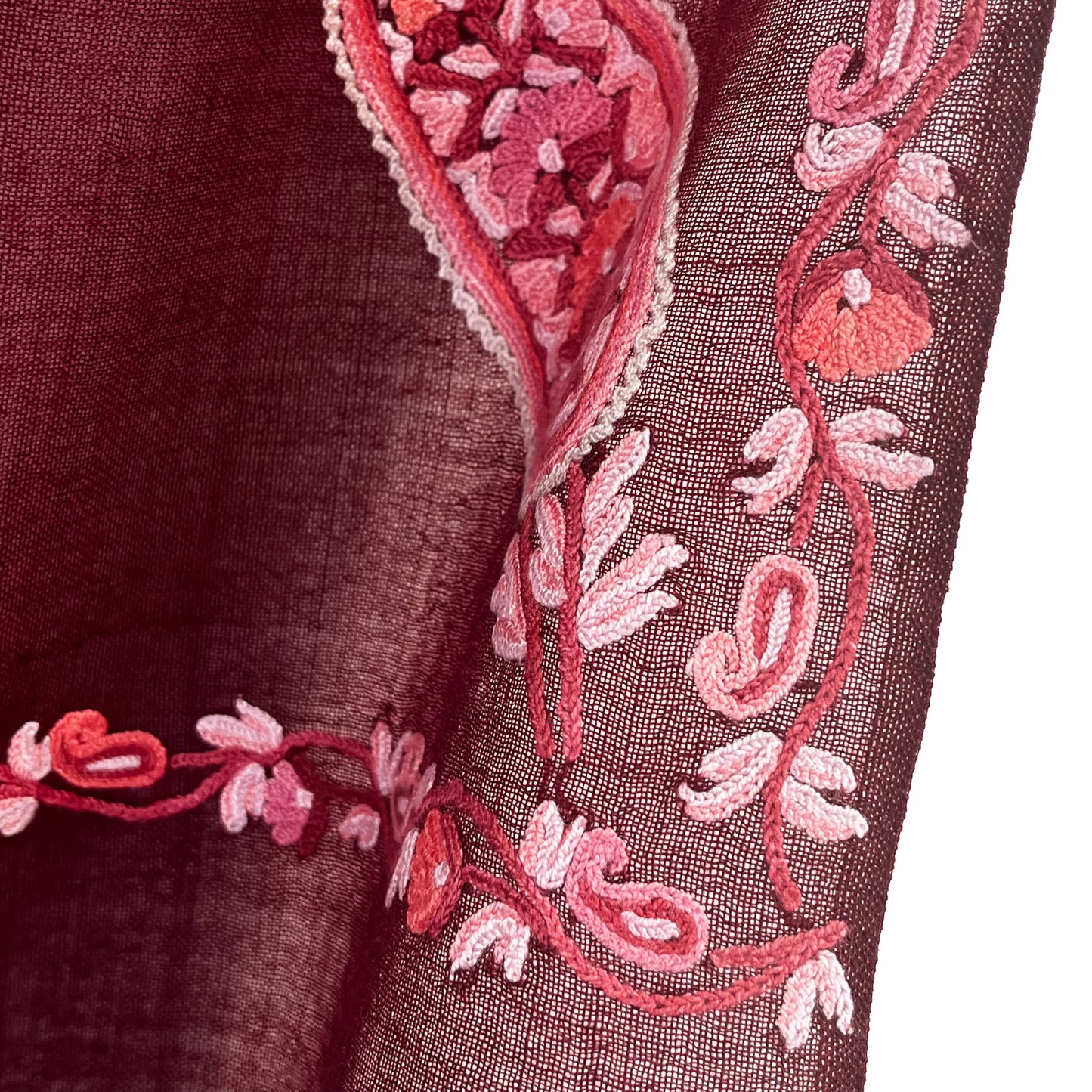 【期間限定スペシャル価格】薄手ウール&シルク アリー手刺繍ストール (ボルドー)