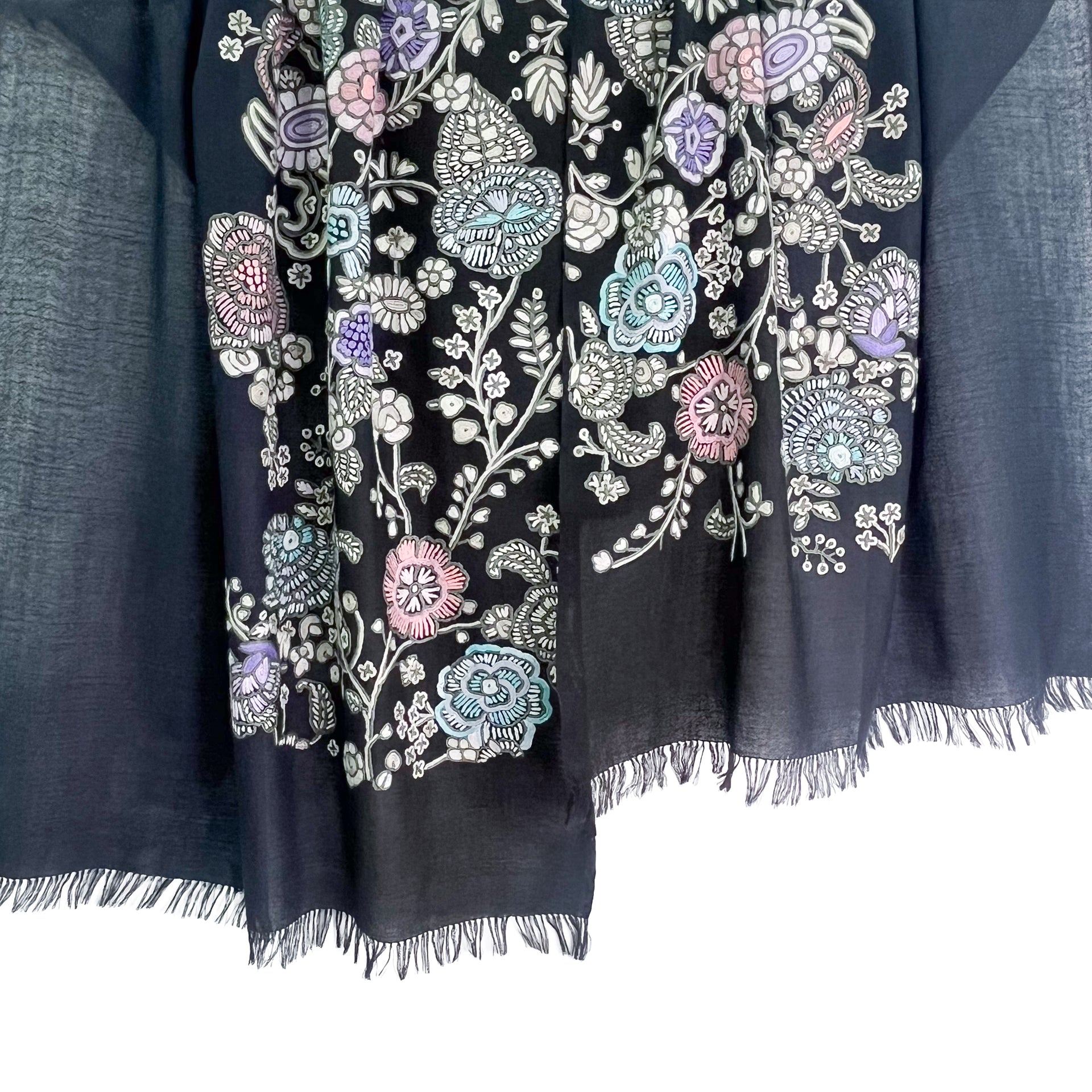 Passion Flowers 薄手ウール&シルク プリント&アリー手刺繍ストール