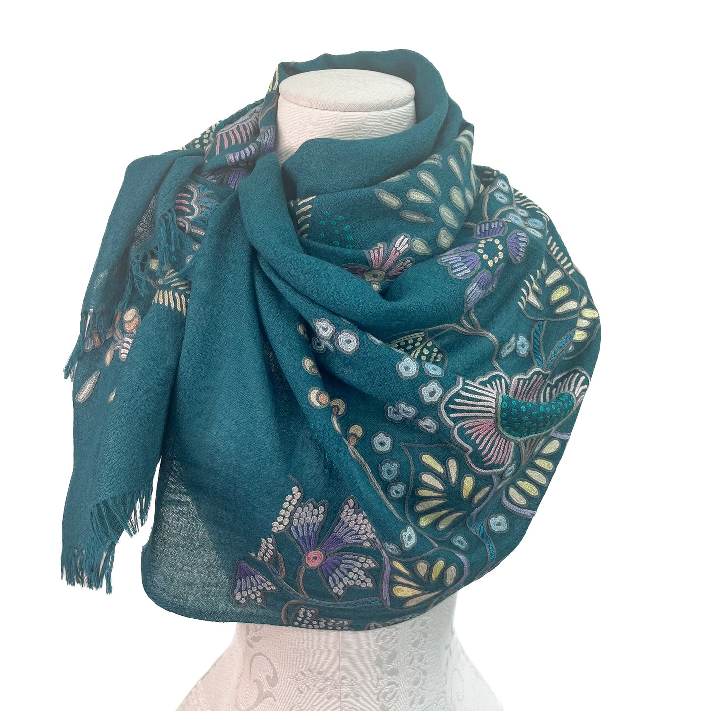 Flower Pot Wool & Silk Allie Hand Embroidered Stole (Dark Navy)