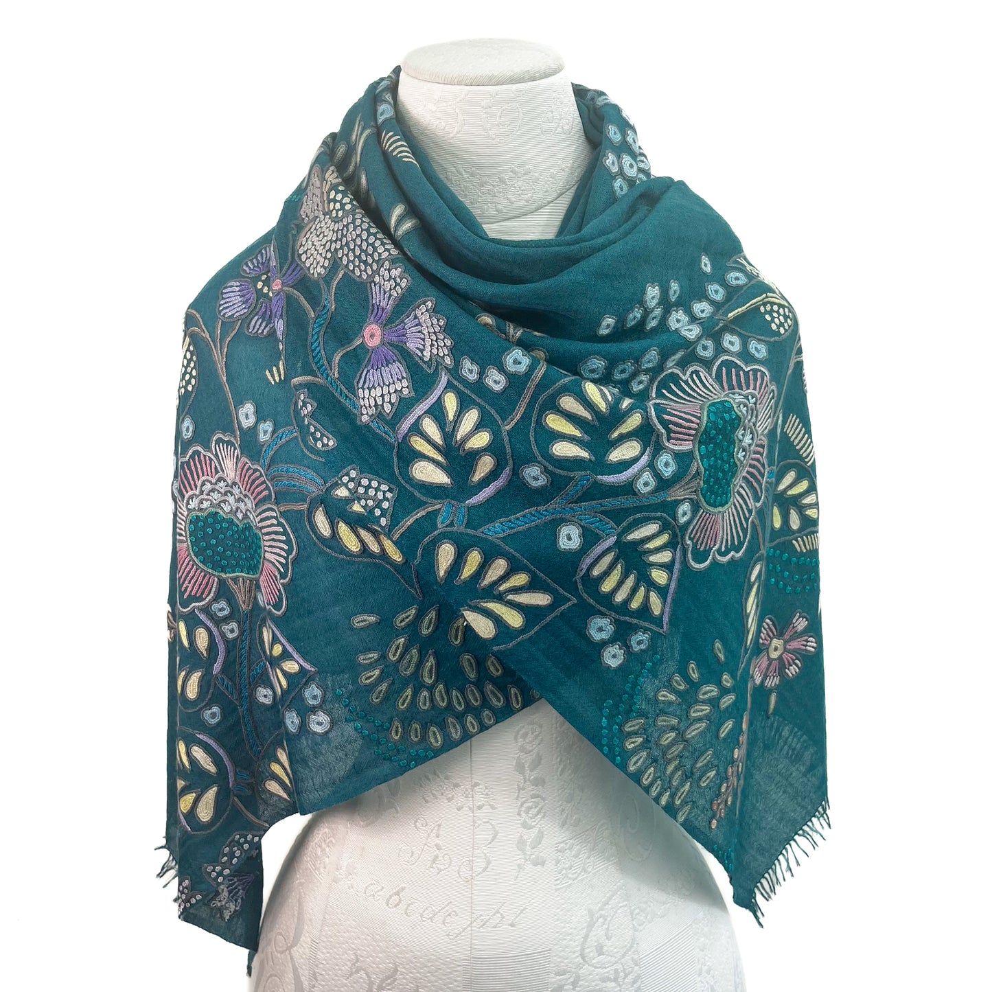 Flower Pot Wool & Silk Allie Hand Embroidered Stole (Dark Navy)