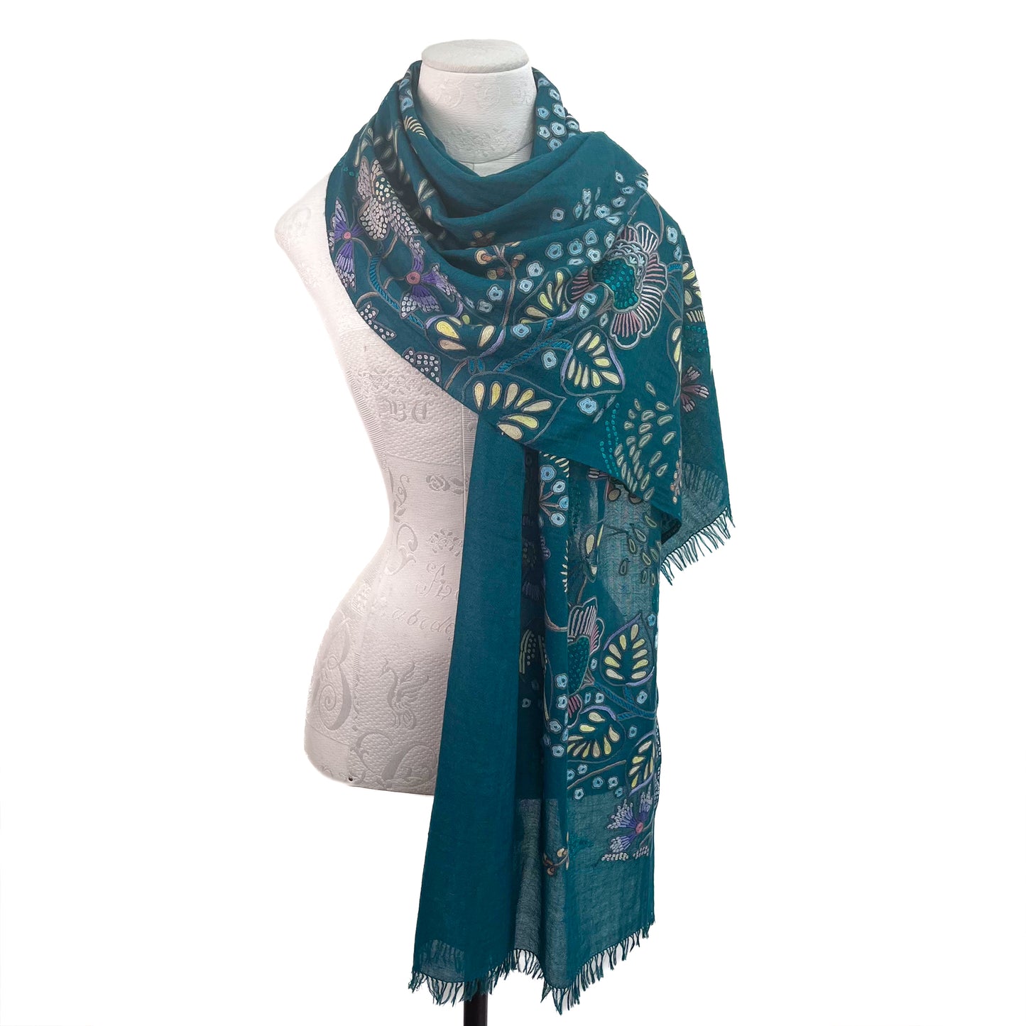 Flower Pot Wool & Silk Allie Hand Embroidered Stole (Dark Navy)
