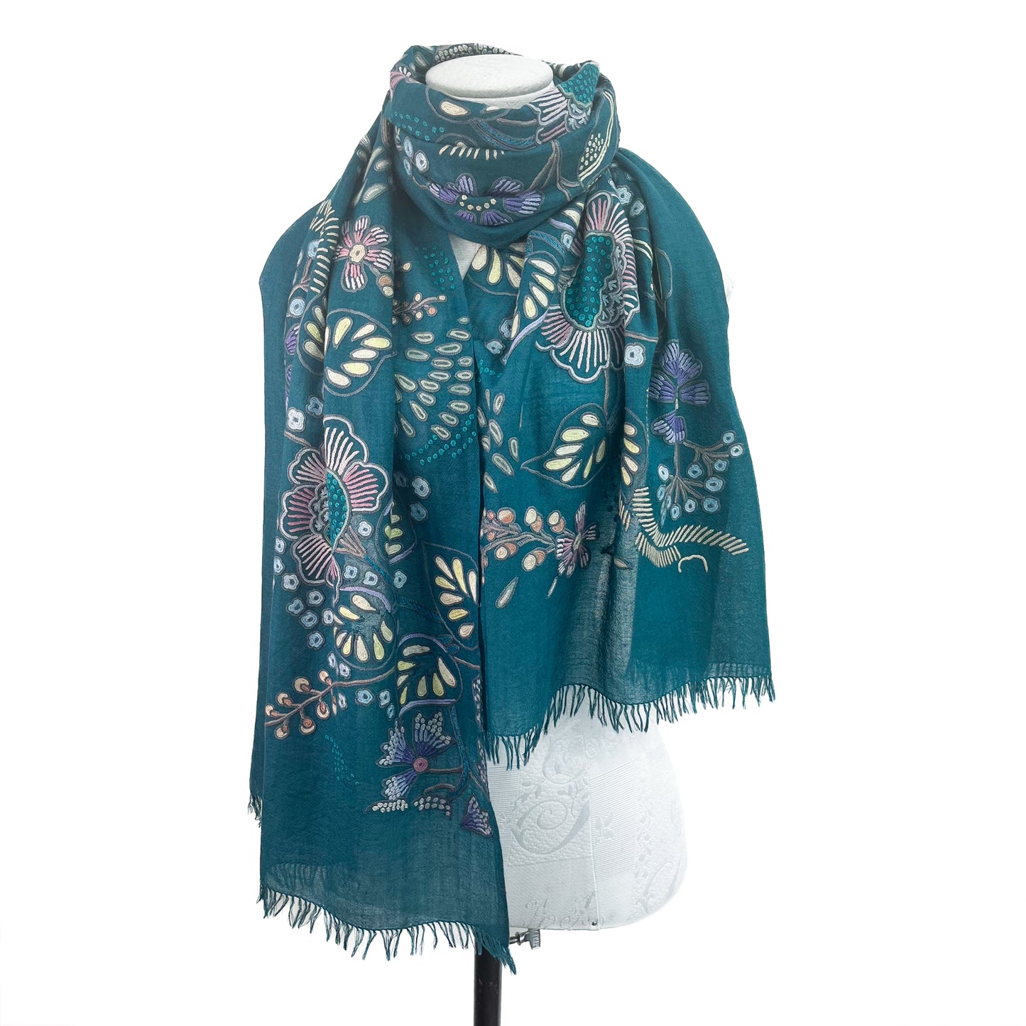 Flower Pot Wool & Silk Allie Hand Embroidered Stole (Dark Navy)