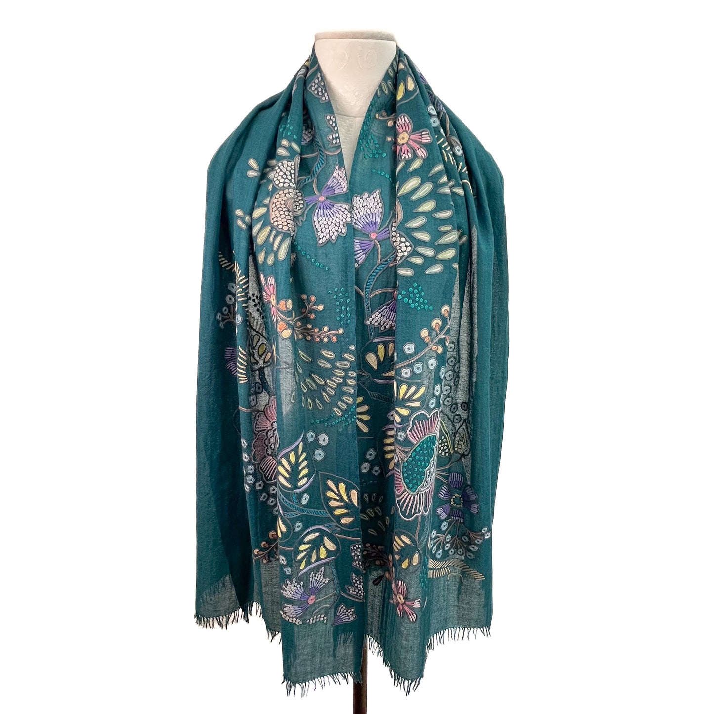 Flower Pot Wool & Silk Allie Hand Embroidered Stole (Dark Navy)
