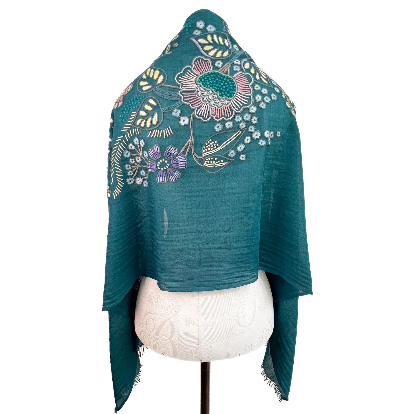 Flower Pot Wool & Silk Allie Hand Embroidered Stole (Dark Navy)