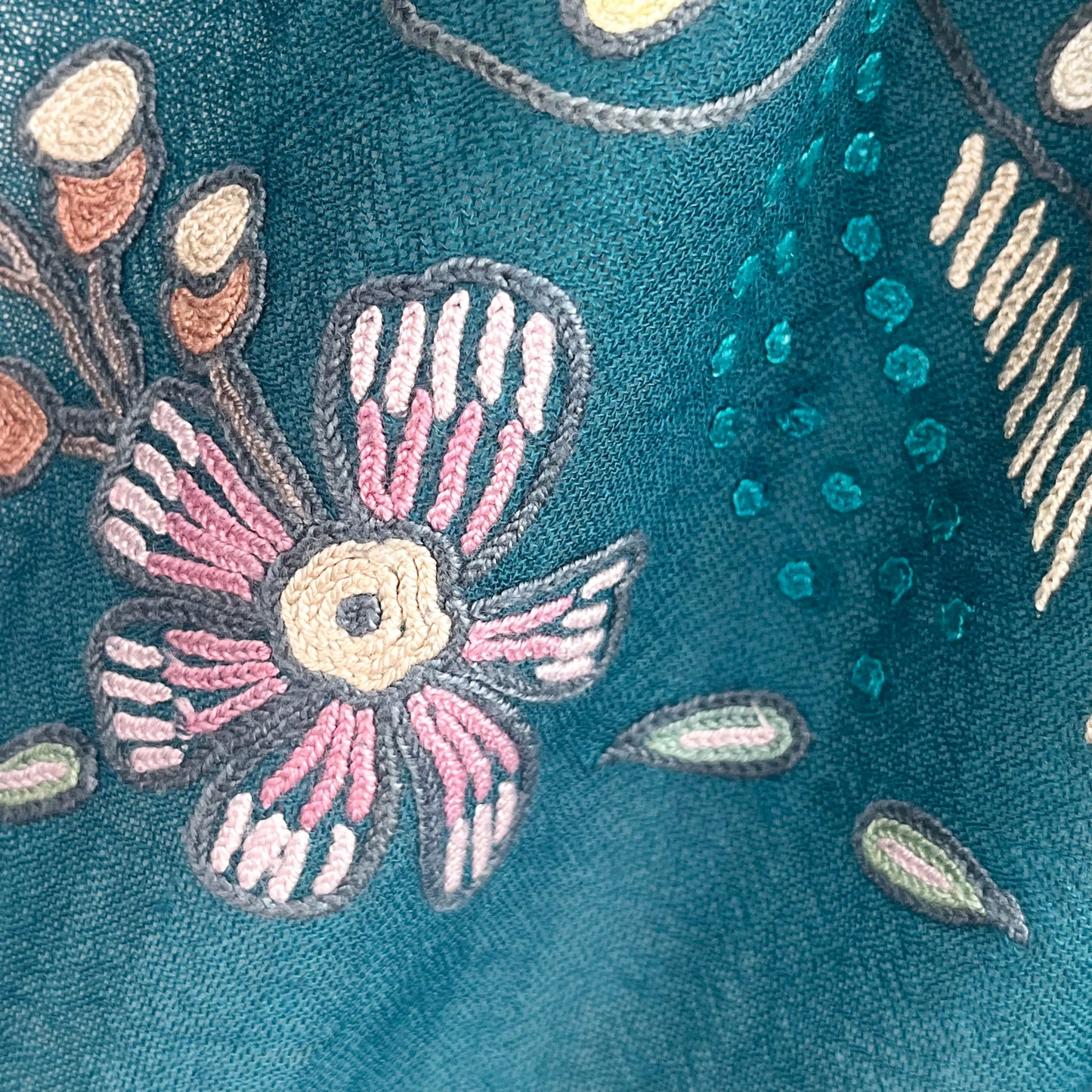 Flower Pot Wool & Silk Allie Hand Embroidered Stole (Dark Navy)