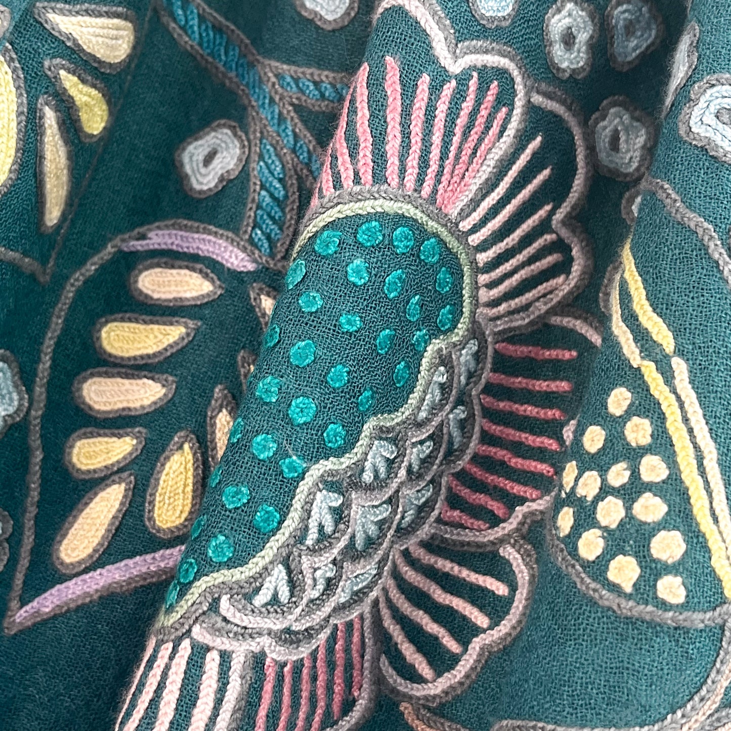 Flower Pot Wool & Silk Allie Hand Embroidered Stole (Dark Navy)