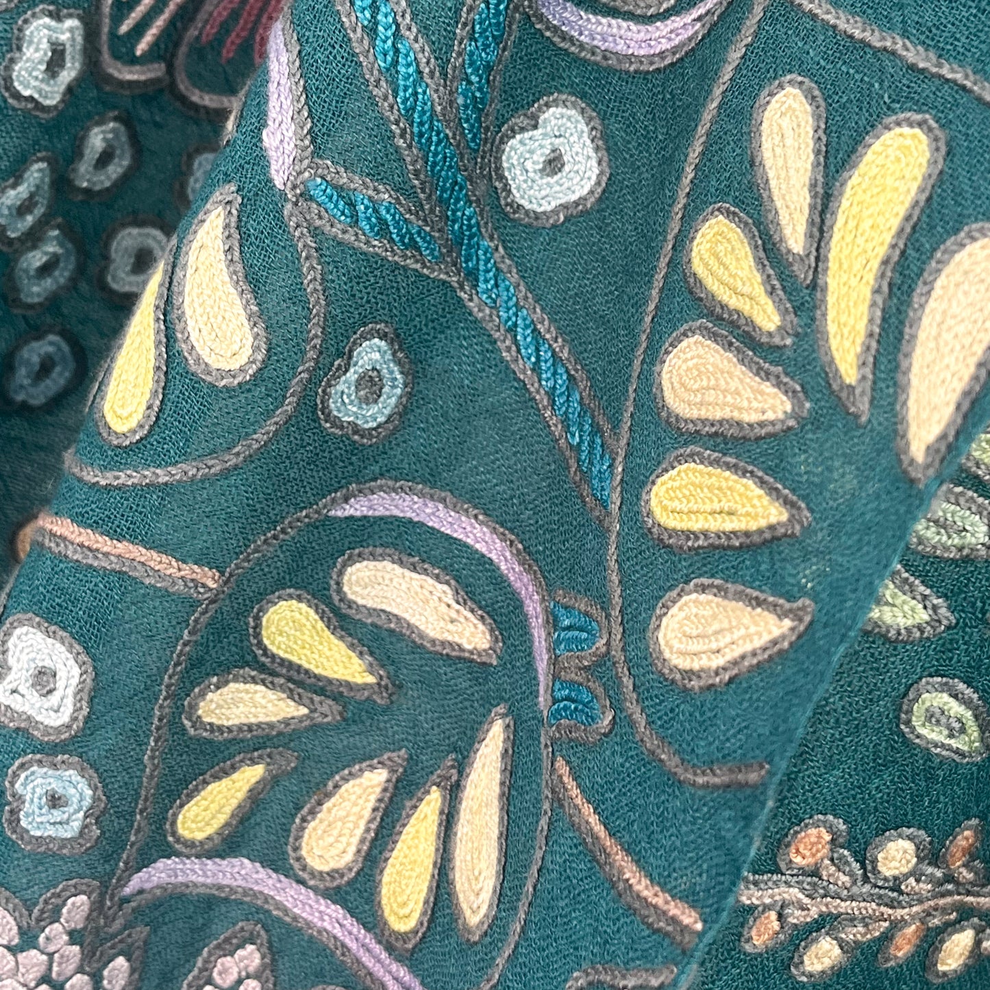 Flower Pot Wool & Silk Allie Hand Embroidered Stole (Dark Navy)