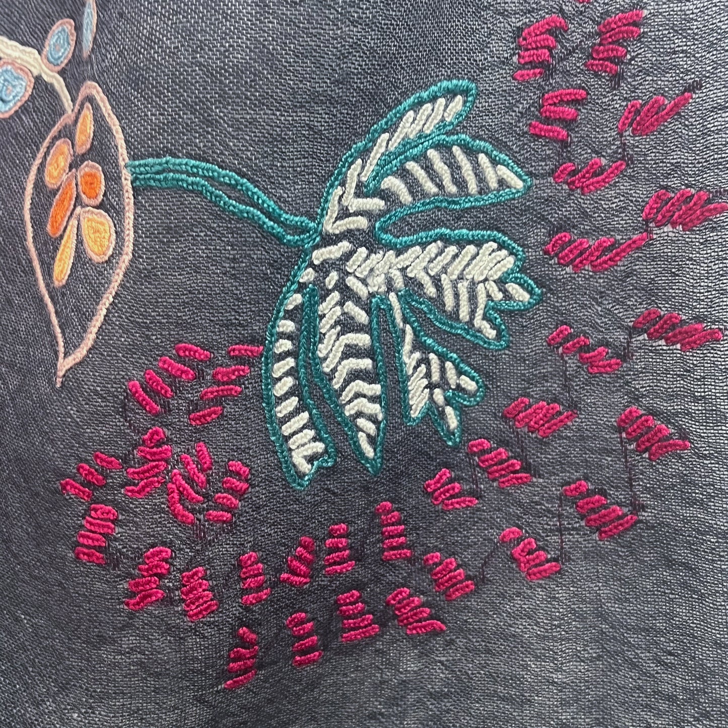 Botanical pattern, thin wool & silk, Ally hand embroidered stole, 60cm x 195cm (fuchsia pink), S-WTA3033_0034