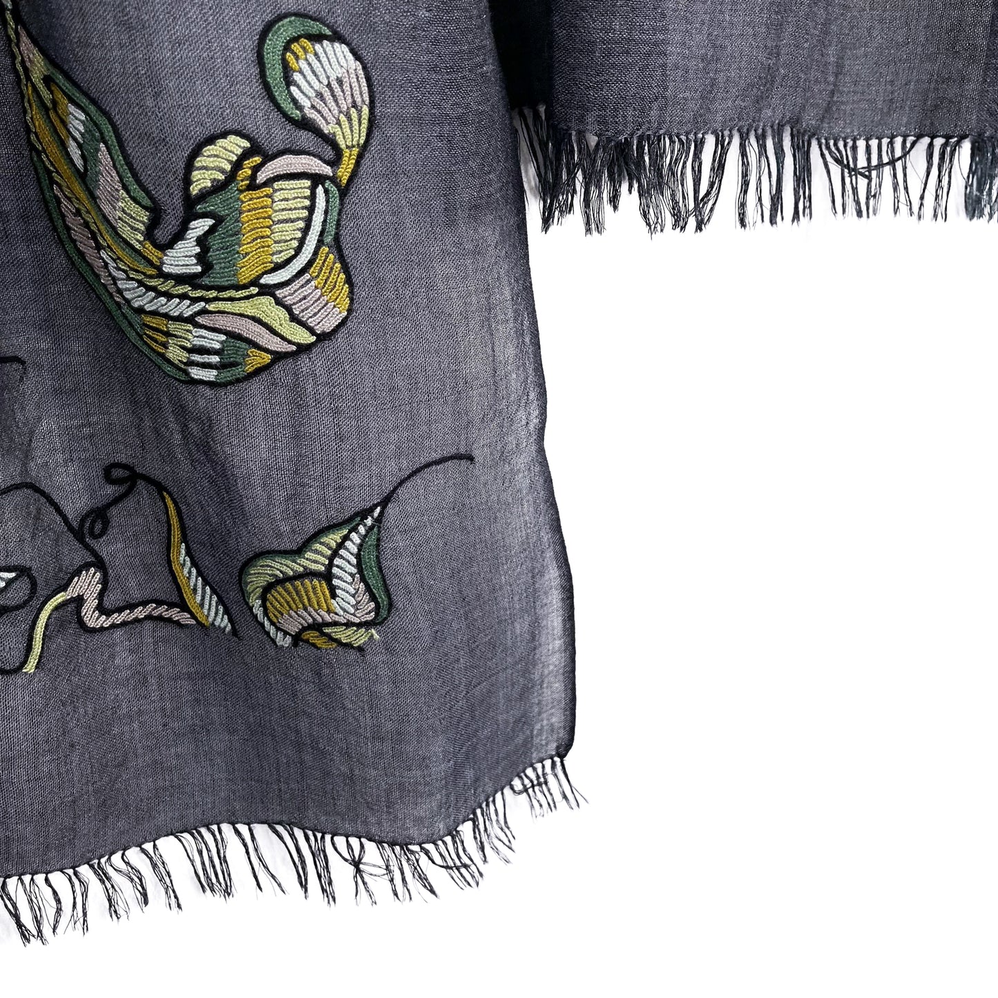 Italian Dream 薄手ウール&シルク アリー手刺繍ストール (ダークグレー)