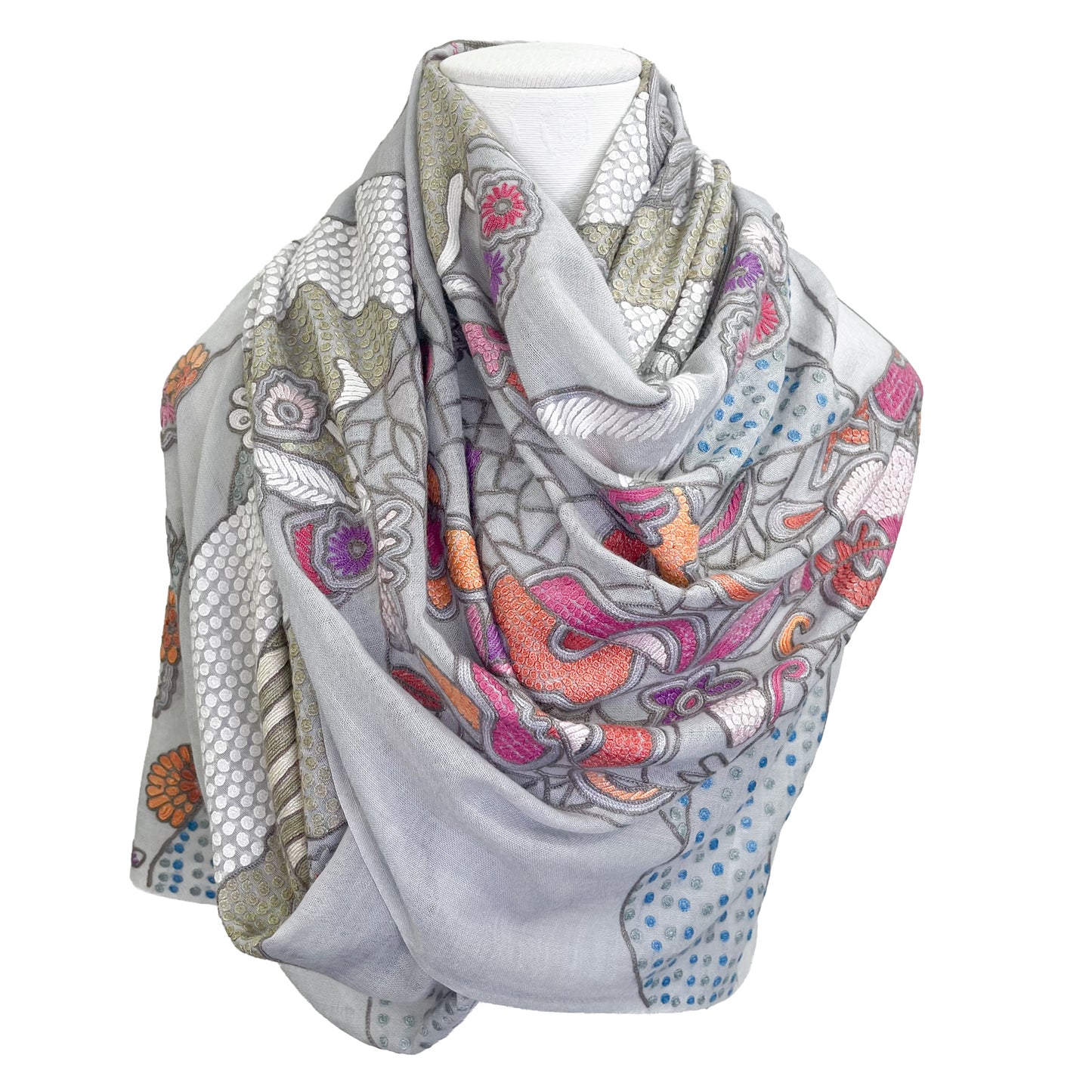 薄手ウール&シルク アリー手刺繍ストール (グレー)