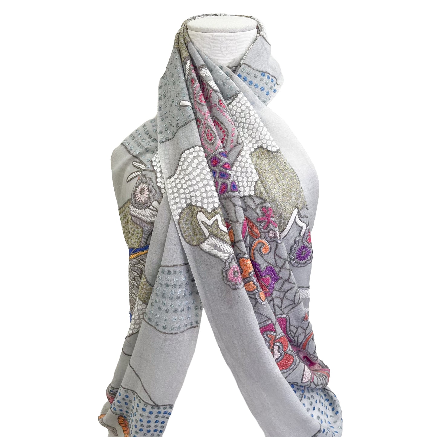 薄手ウール&シルク アリー手刺繍ストール (グレー)