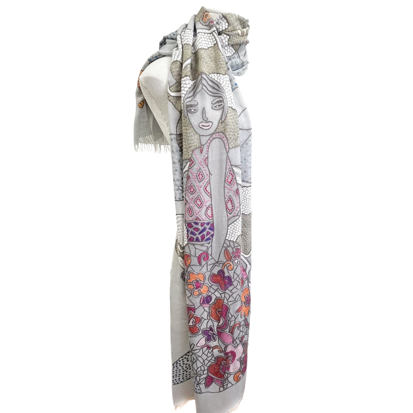 薄手ウール&シルク アリー手刺繍ストール (グレー)