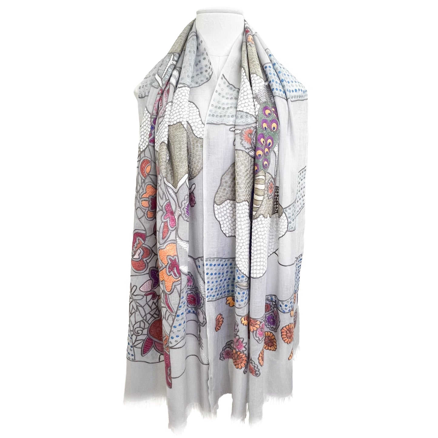 薄手ウール&シルク アリー手刺繍ストール (グレー)