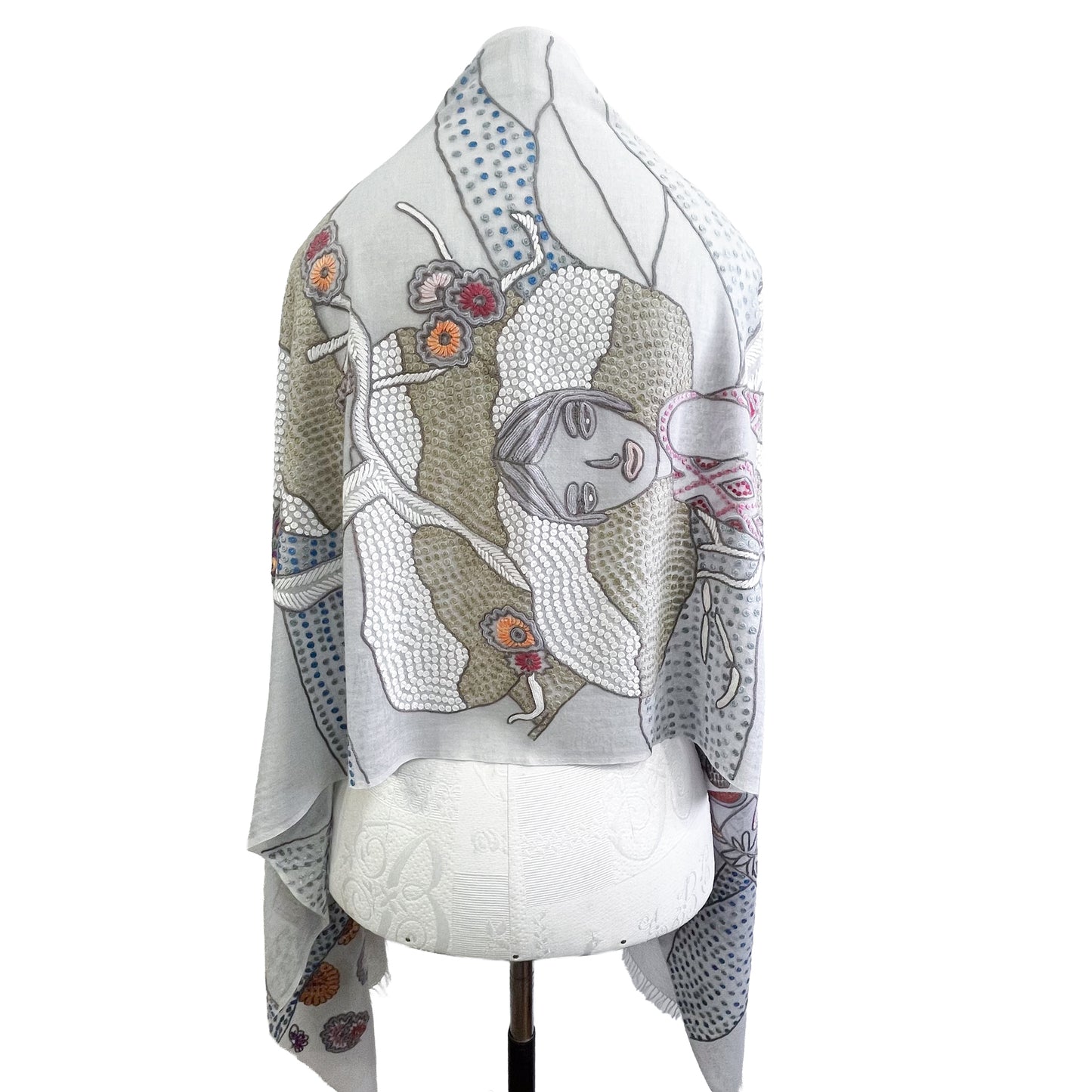 薄手ウール&シルク アリー手刺繍ストール (グレー)