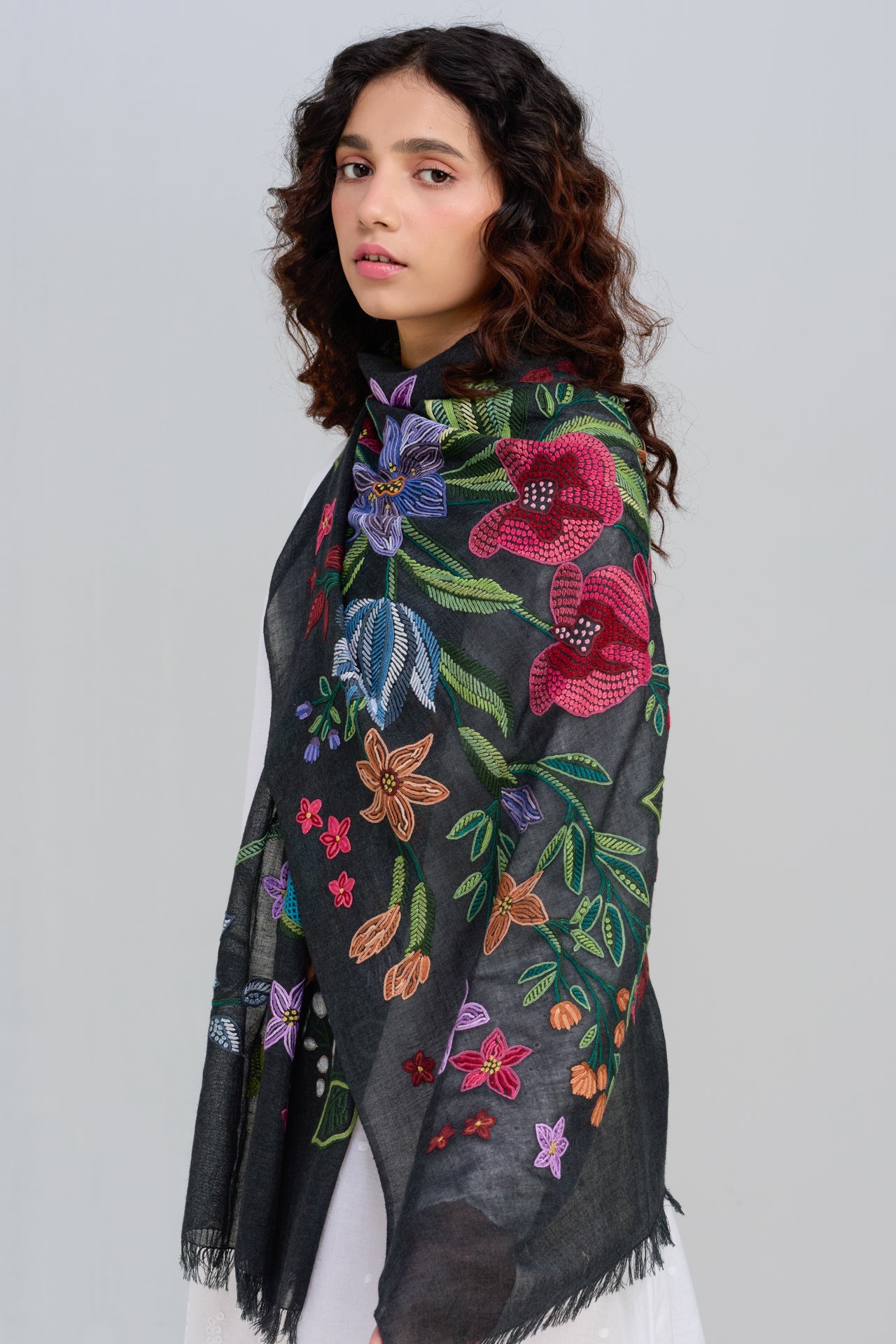 Flower Celebration Wool Ally Hand Embroidered Stole (White/Multi)