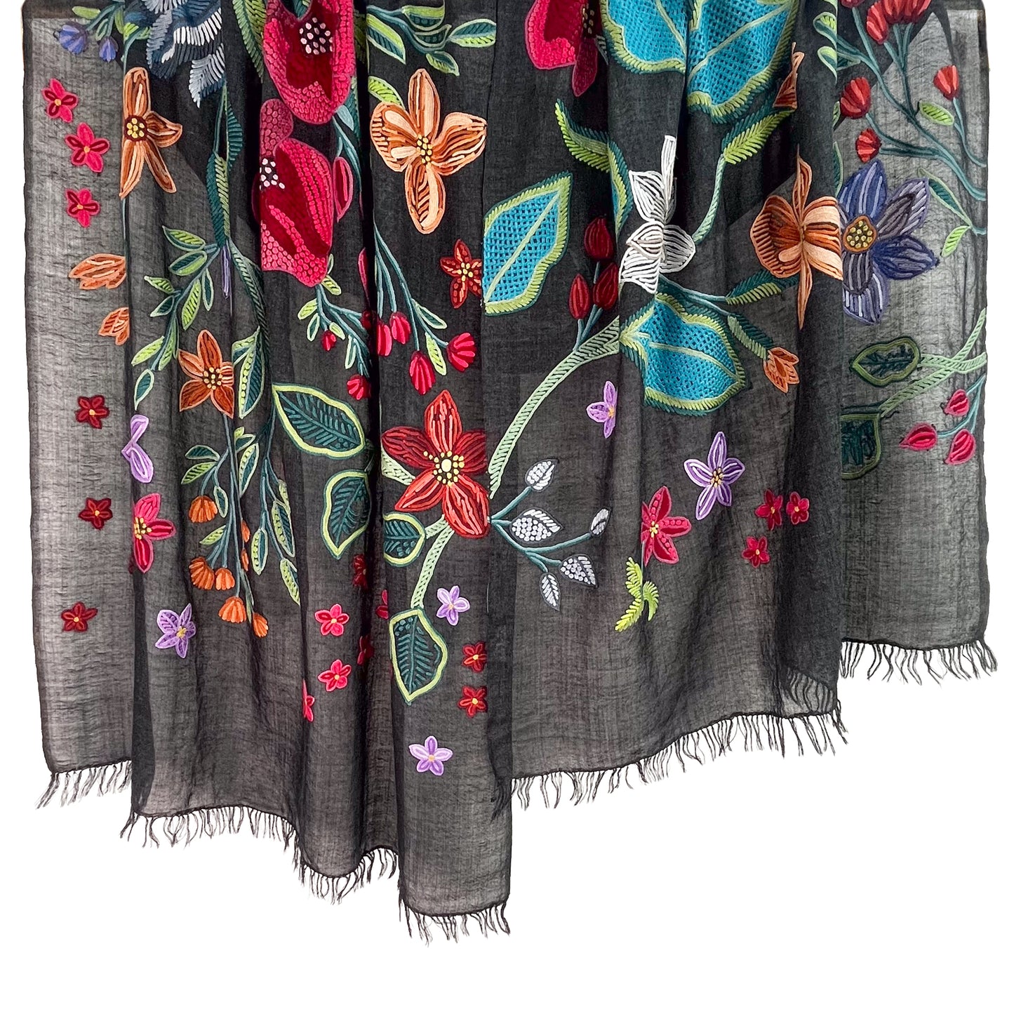 Flower Celebration Wool Ally Hand Embroidered Stole (White/Multi)