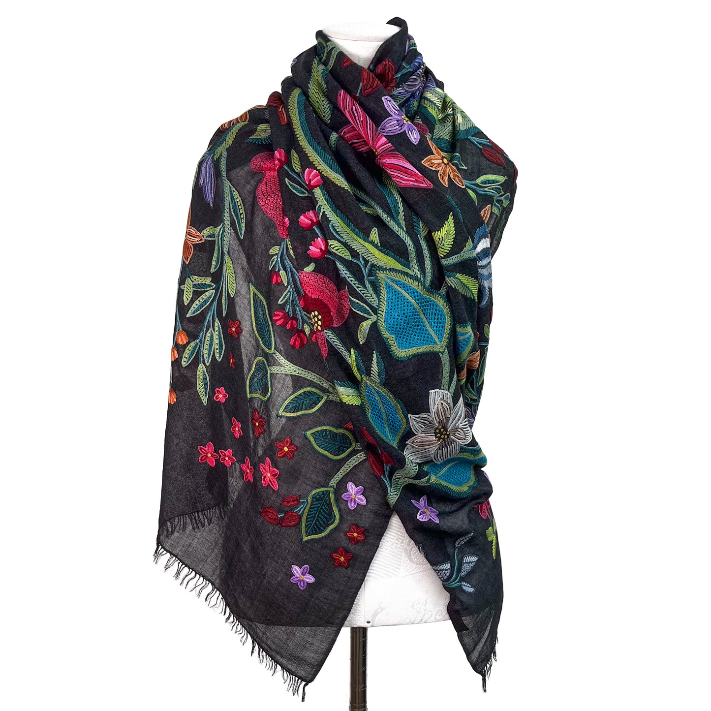 Flower Celebration Wool Ally Hand Embroidered Stole (White/Multi)