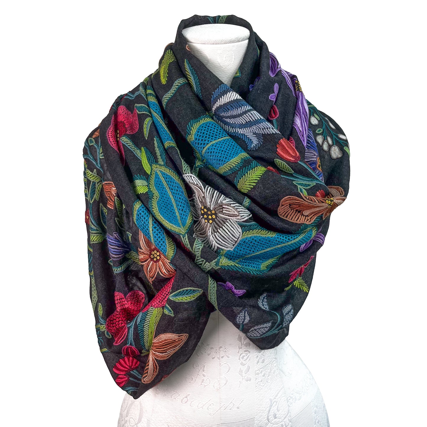 Flower Celebration Wool Ally Hand Embroidered Stole (White/Multi)