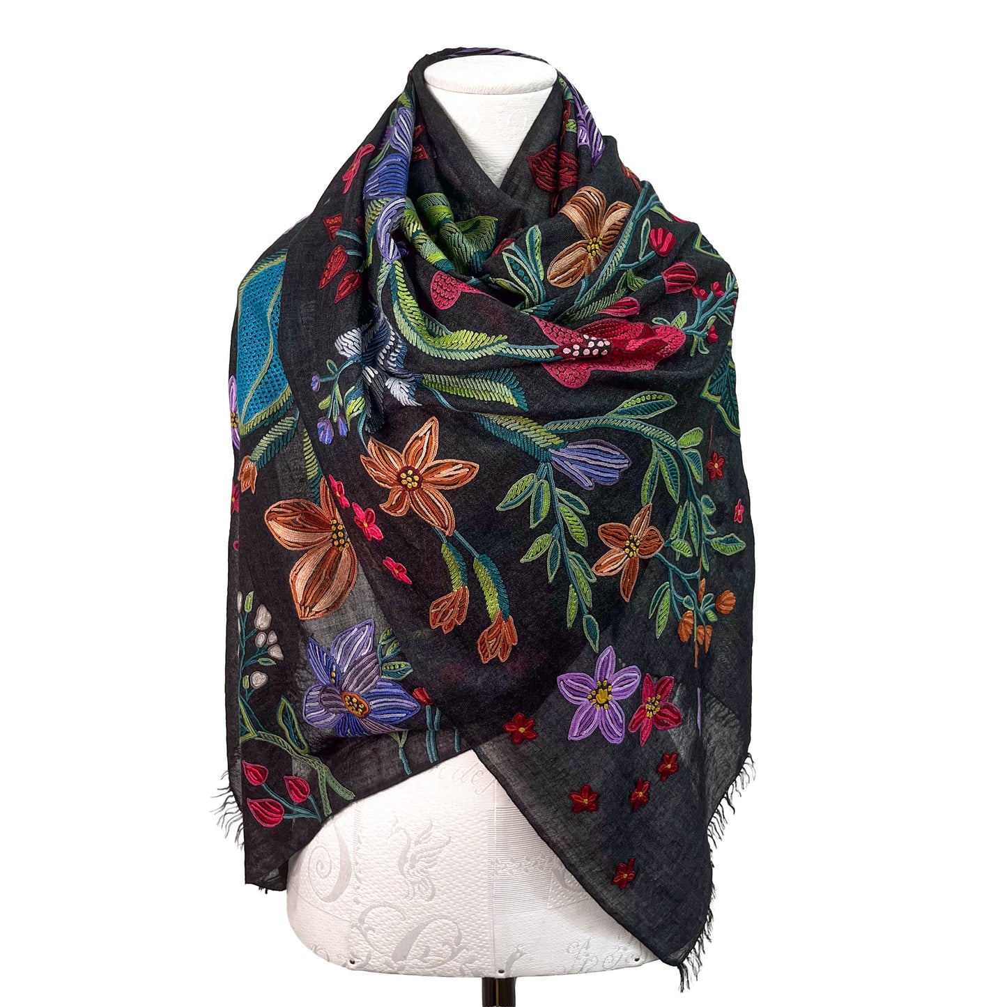 Flower Celebration Wool Ally Hand Embroidered Stole (White/Multi)