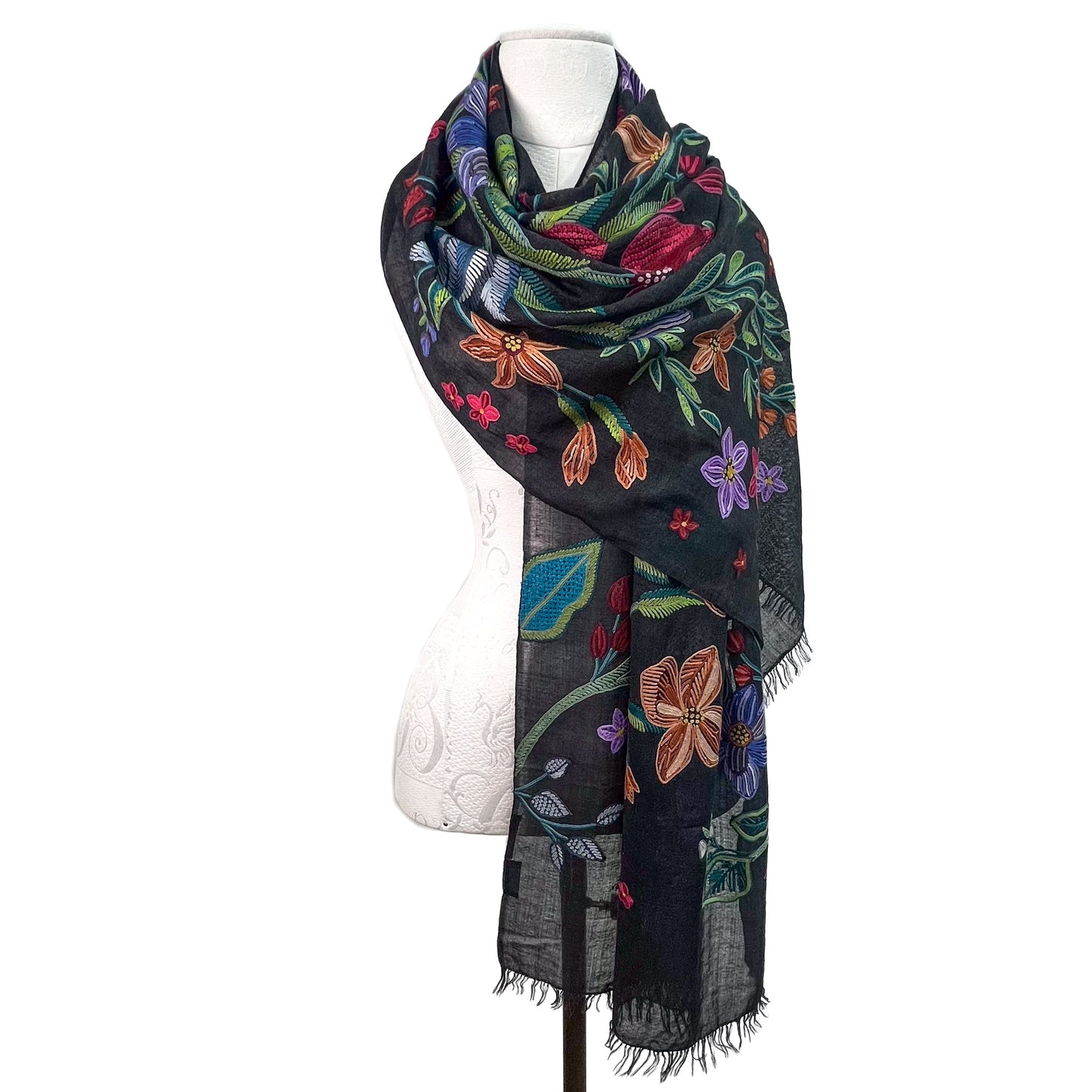 Flower Celebration Wool Ally Hand Embroidered Stole (White/Multi)