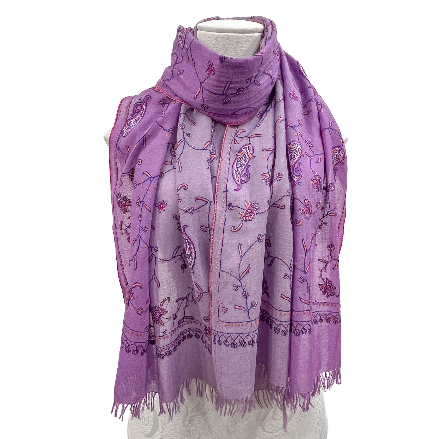 Wool & Silk Needle Embroidered Stole (Light Purple)