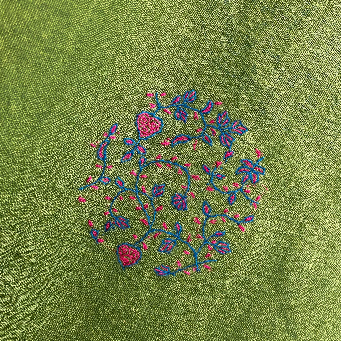 ウール&シルク ニードル手刺繍ストール (グリーン)