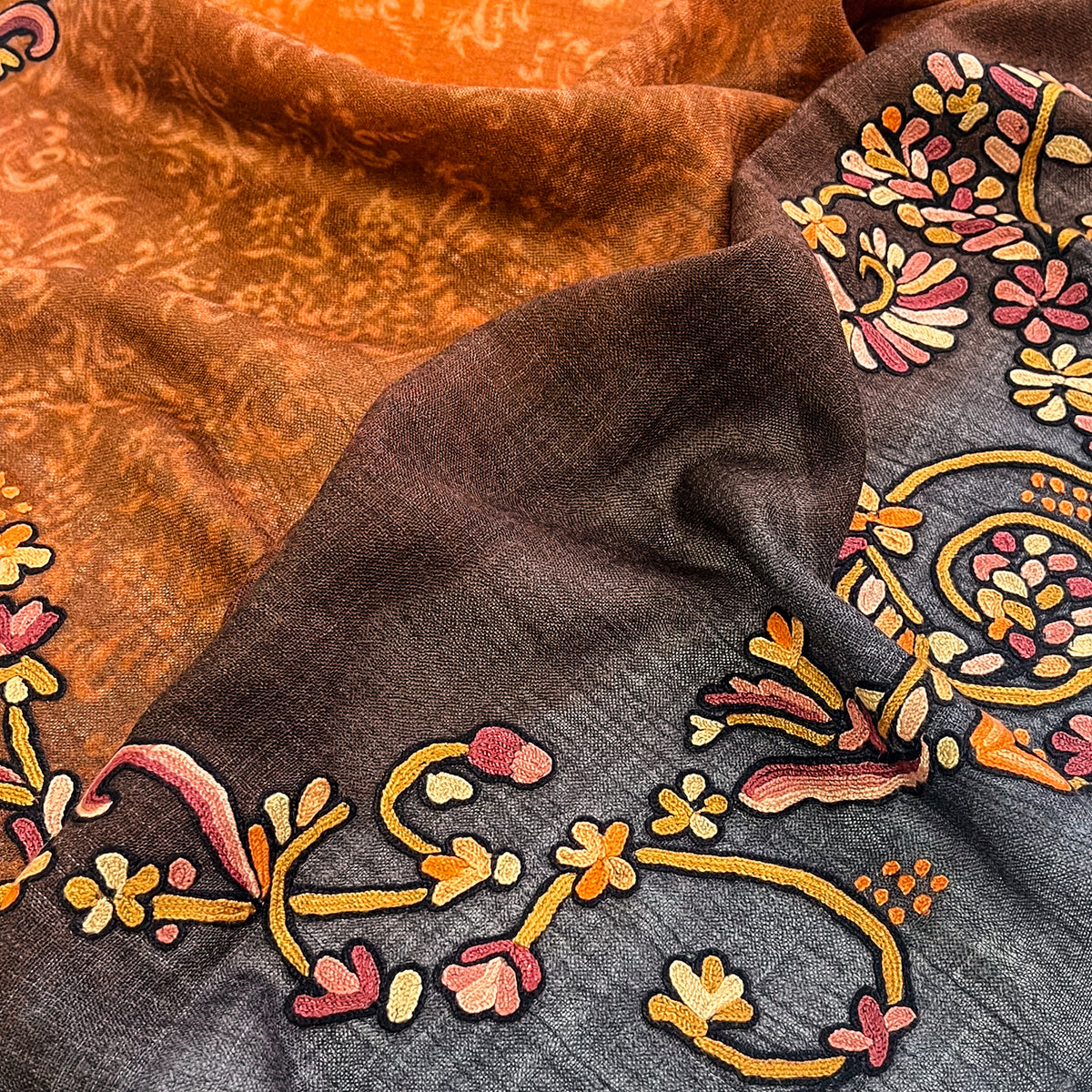 Lightweight Wool & silk printed &Ari hand embroidered stole (orange) S-WTPA4000_0171
