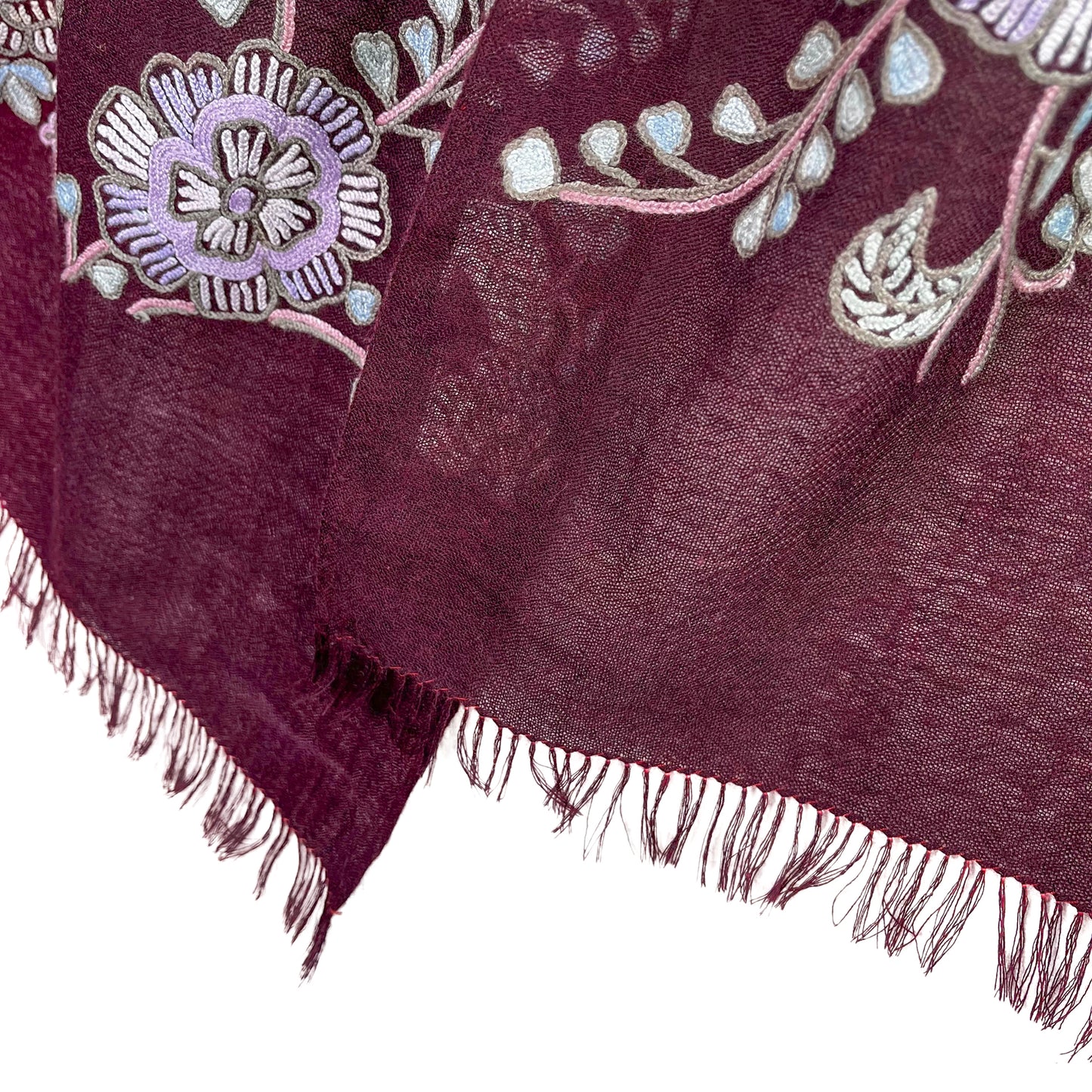 Passion Flowers 薄手ウール&シルク プリント&アリー手刺繍ストール (ボルドー)
