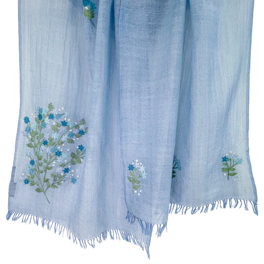 Mimosa Lightweight Wool & Silk Allie Hand Embroidered Narrow Stole (Sky Blue)