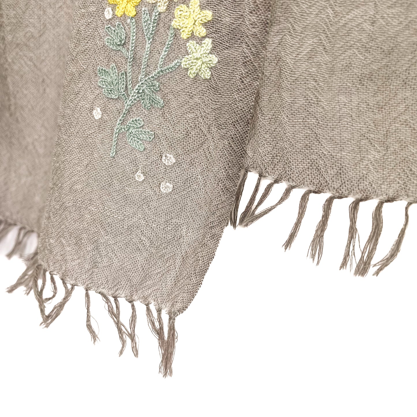 ミモザ 薄手ウール&シルク アリー手刺繍細幅ストール (グレージュ)