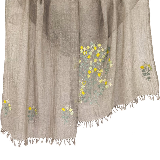 Mimosa Lightweight Wool & Silk Allie Hand Embroidered Narrow Stole (Greige)