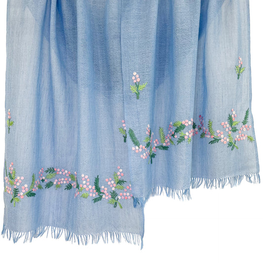 Mimosa Thin Wool & Silk Allie Hand Embroidered Narrow Stole (Light Blue)