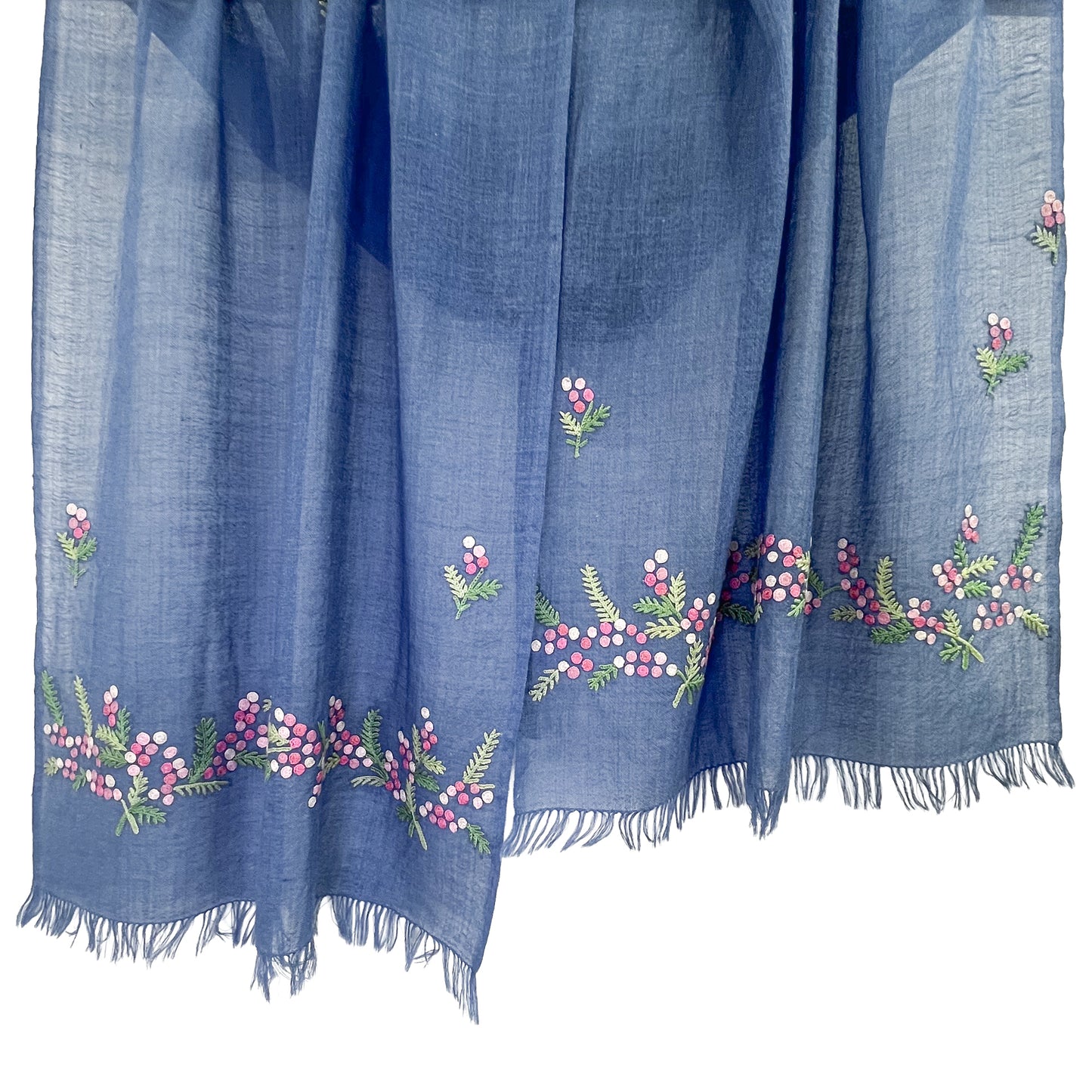 ミモザ 薄手ウール&シルク アリー手刺繍細幅ストール (ネイビー)