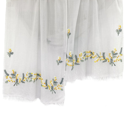 Mimosa Lightweight Wool & Silk Allie Hand Embroidered Narrow Stole (White)
