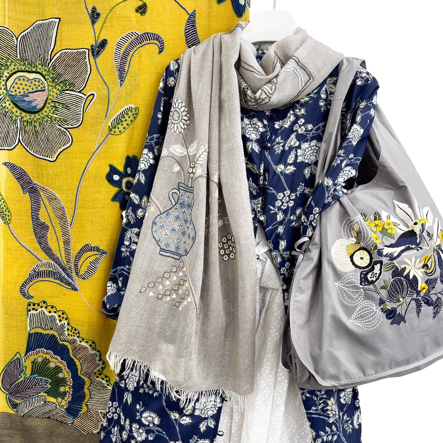 New Holiday Memories Wool/Silk Hand Embroidered Stole (Greige)