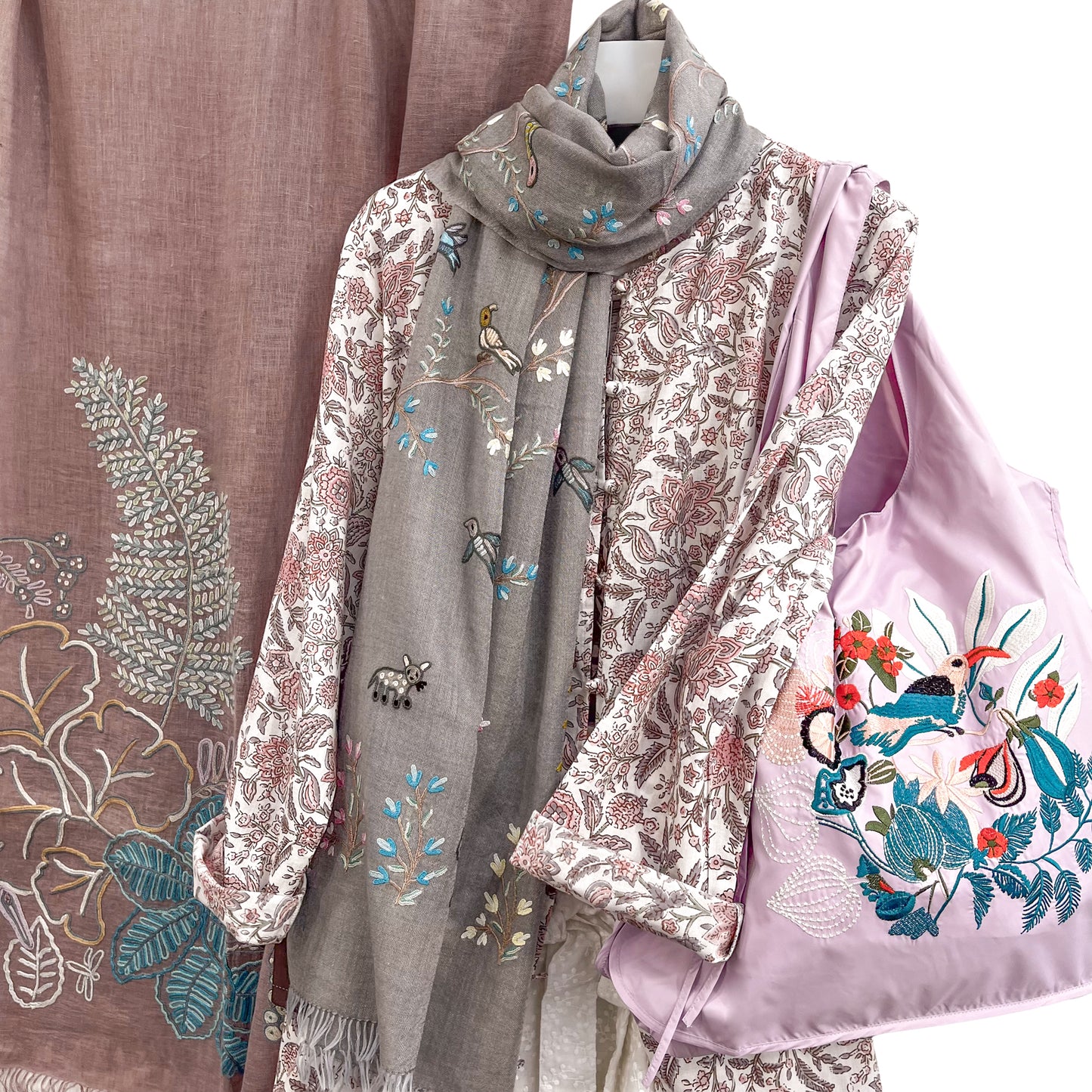 Tree of Life Lightweight Wool & Silk Allie Hand Embroidered Stole (Turquoise)